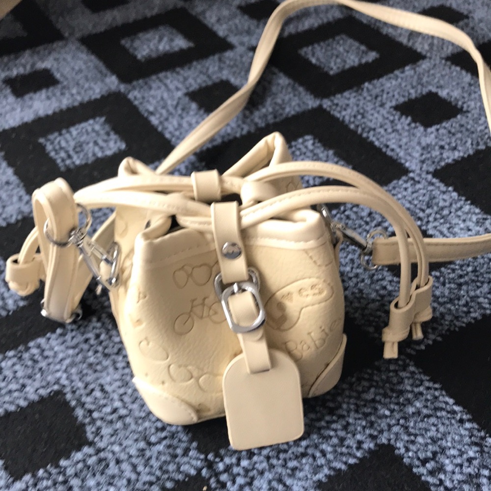Cream Mini Embossed Bucket Crossbody Bag with Adjustable Strap